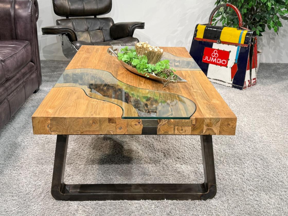 Holz Wohnzimmertisch mit Glas, ca. 140 x 80 x 45 cm.