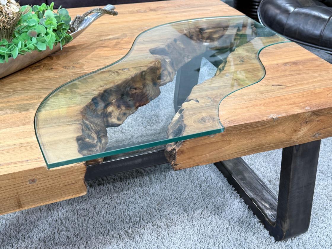 Holz Wohnzimmertisch mit Glasplatte, ca. 140 x 80 x 45 cm