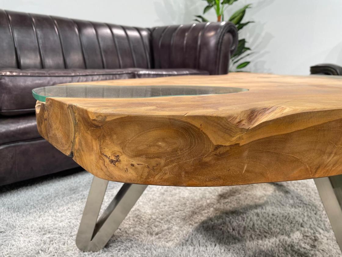 Ovaler Couchtisch "Lakeside" ca. 122 x 68-79 x 47,5 cm aus Teakholz mit Glaseinlage und Edelstahlgestell