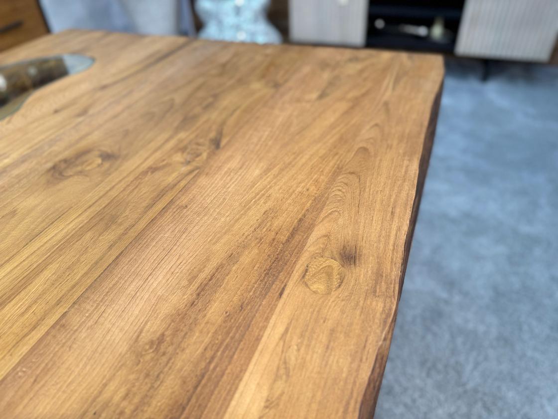 Massiver Teakholztisch mit Halbmond Stahlfuss 300 cm
