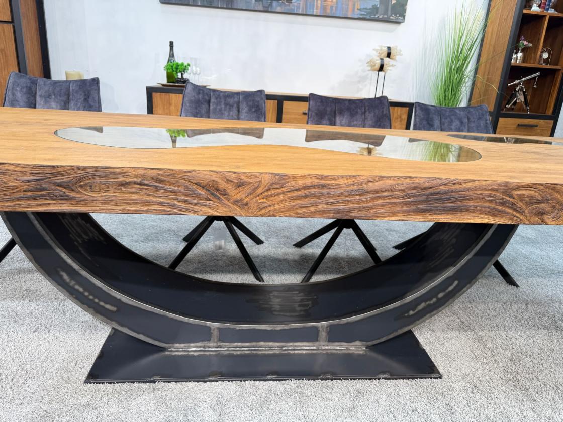 Massiver Teakholztisch mit Halbmond Stahlfuss 300 cm