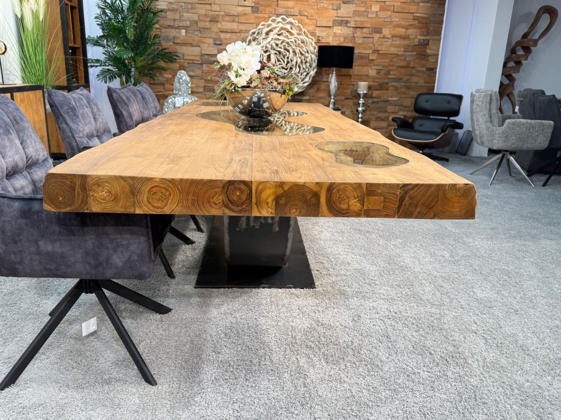 Massiver Teakholztisch mit Halbmond Stahlfuss 300 cm