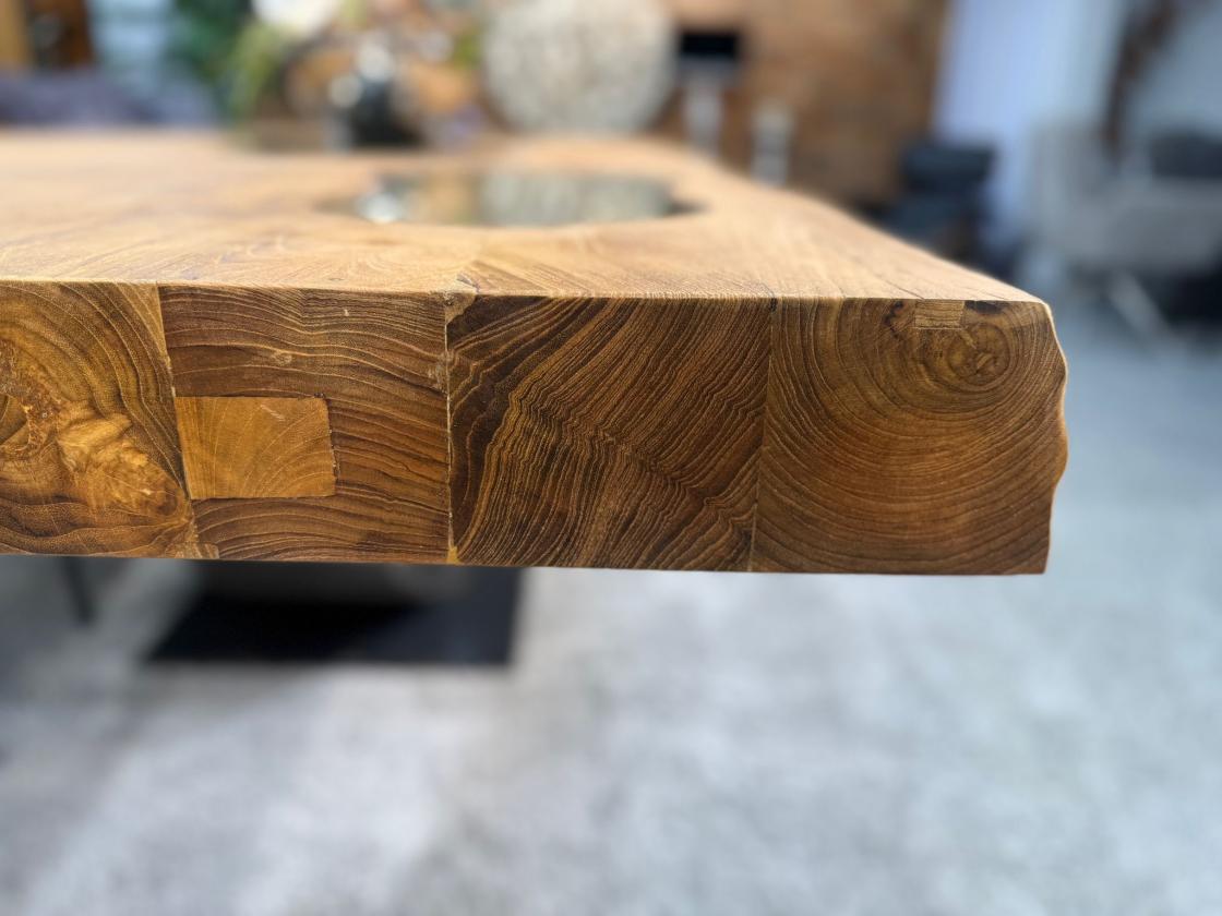 Massiver Teakholztisch mit Halbmond Stahlfuss 300 cm