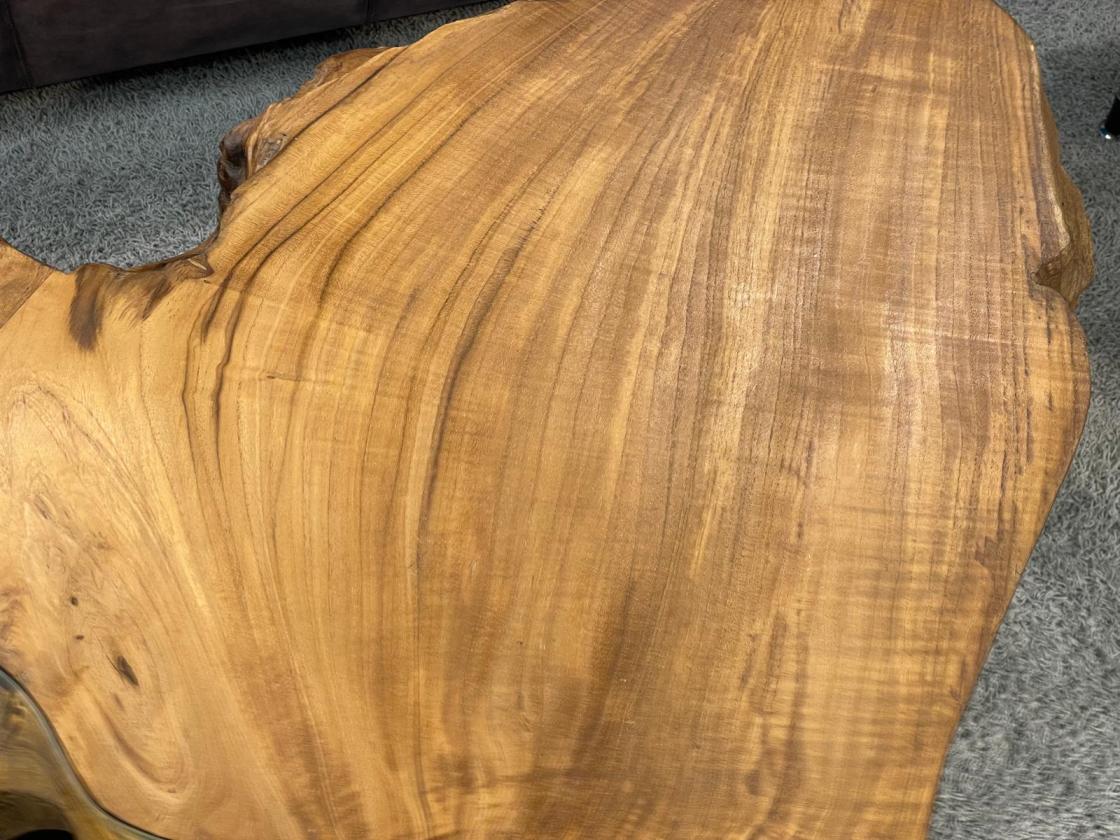 Einmaliger Couchtisch aus Baumscheiben mit Halbmondfuss
