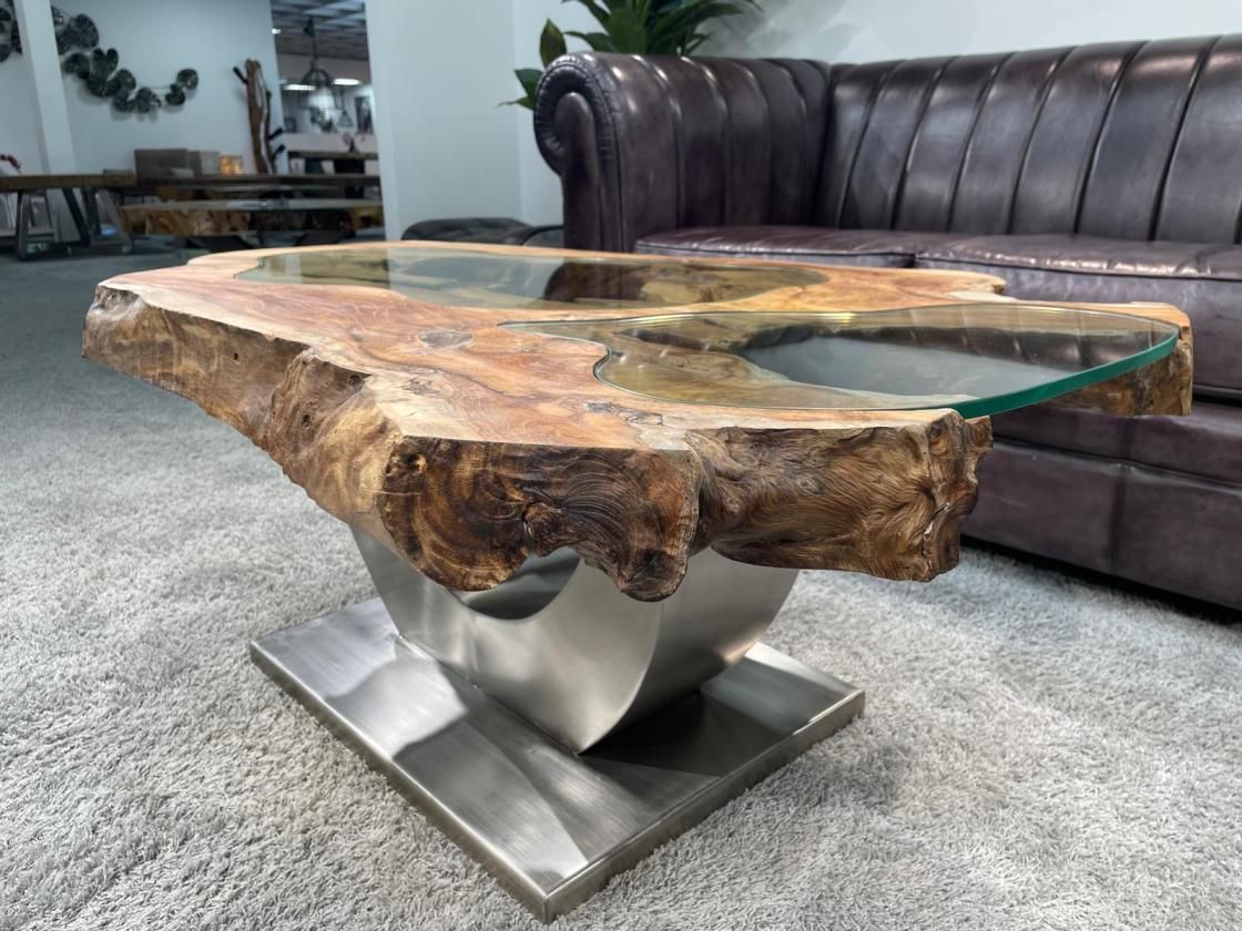 Couchtisch "Expression" ca. 116 x 63-74 x 48 cm aus Teakholz mit Glaseinlagen