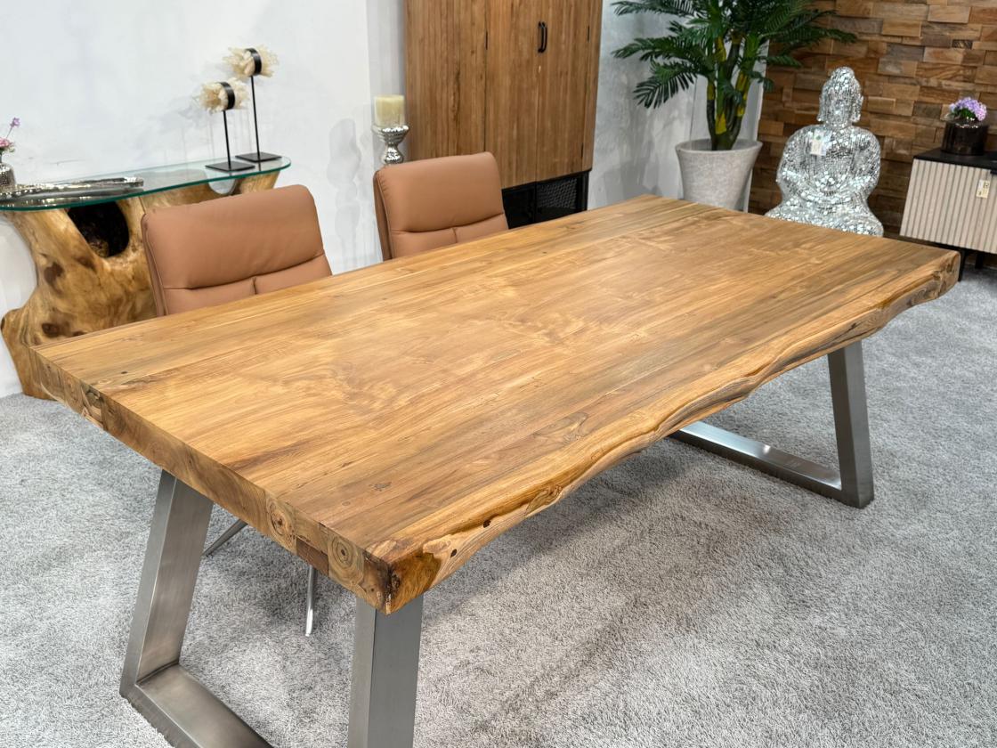 Teakholz-Esstisch mit Edelstahl-Trapezgestell, 200x100x77,5 cm