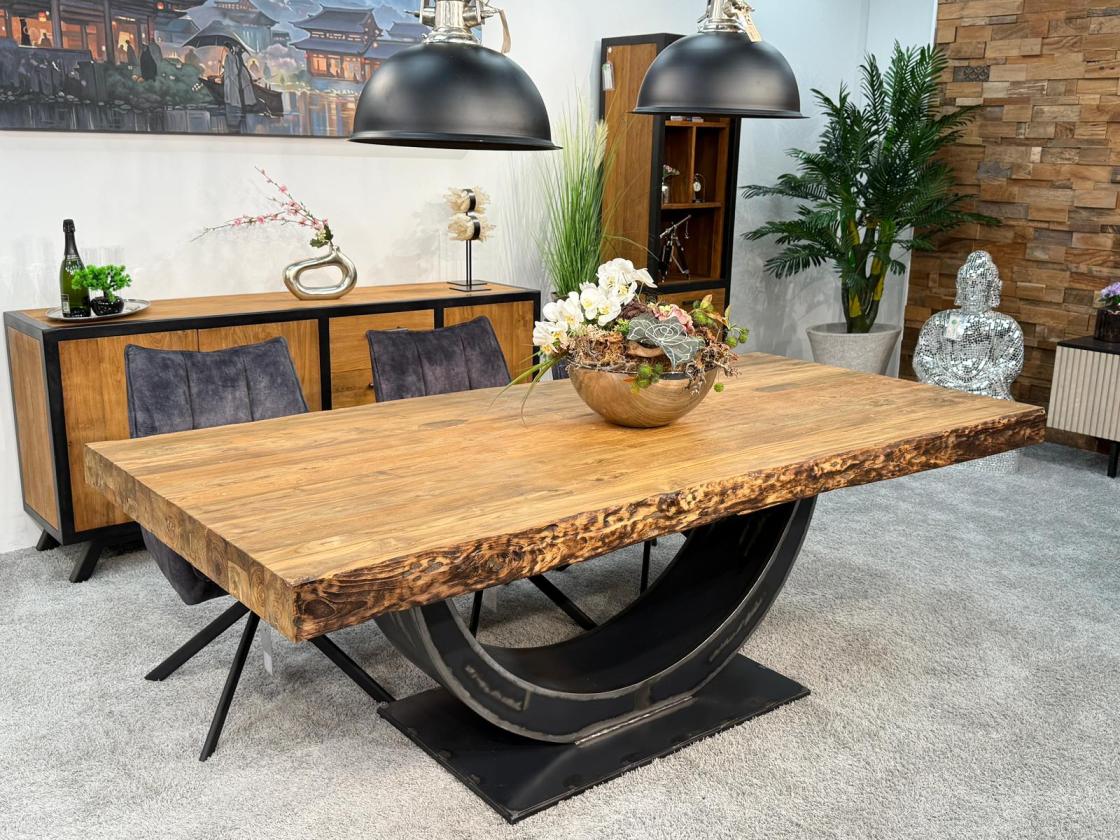 Wohnzimmertisch Deep Island 220x100 aus massivem Altholz und Edelstahl