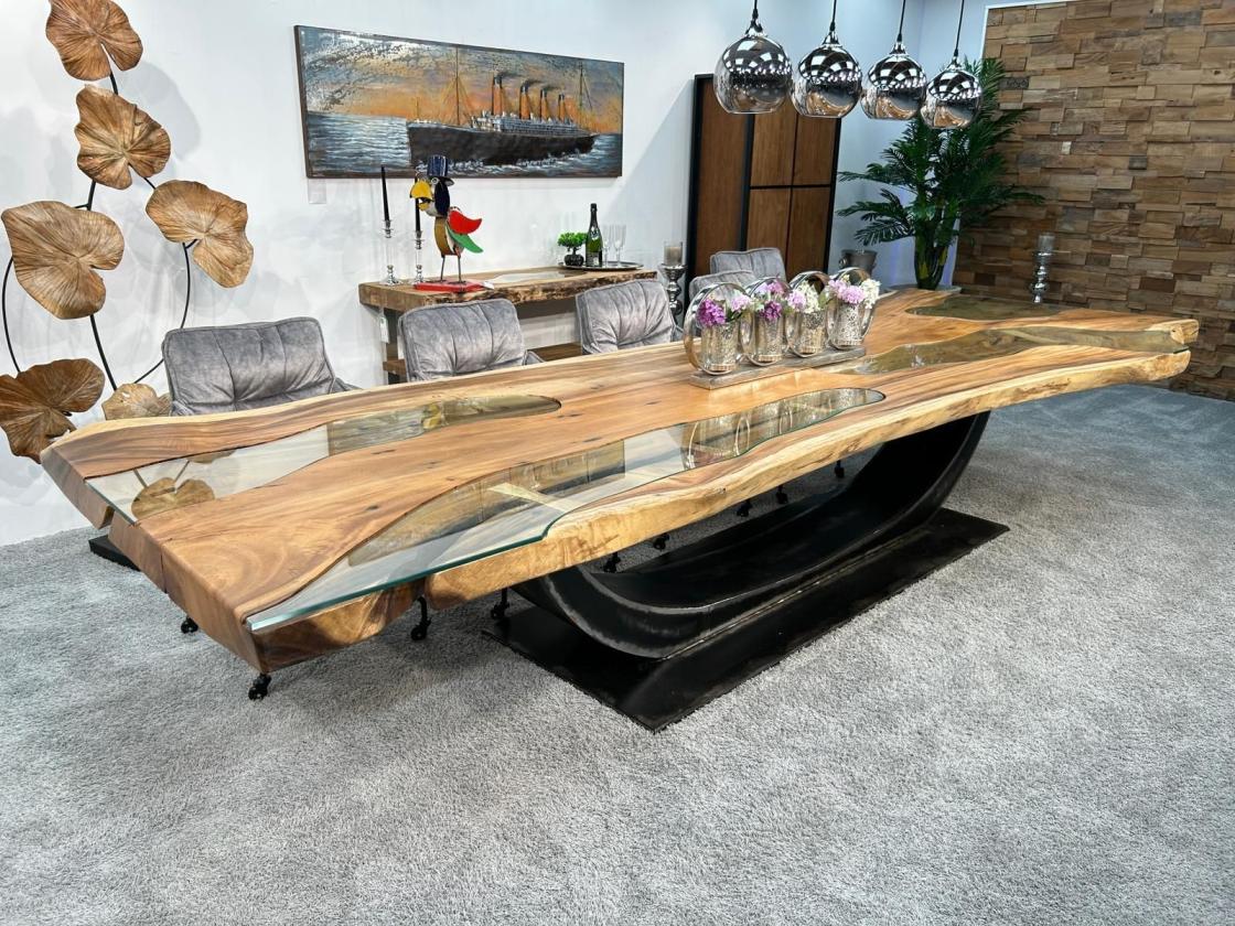 Last Item Large Conference Table / Dining Table approx. 399 x 107-133 x 75 cm made from a solid Suar wood slab