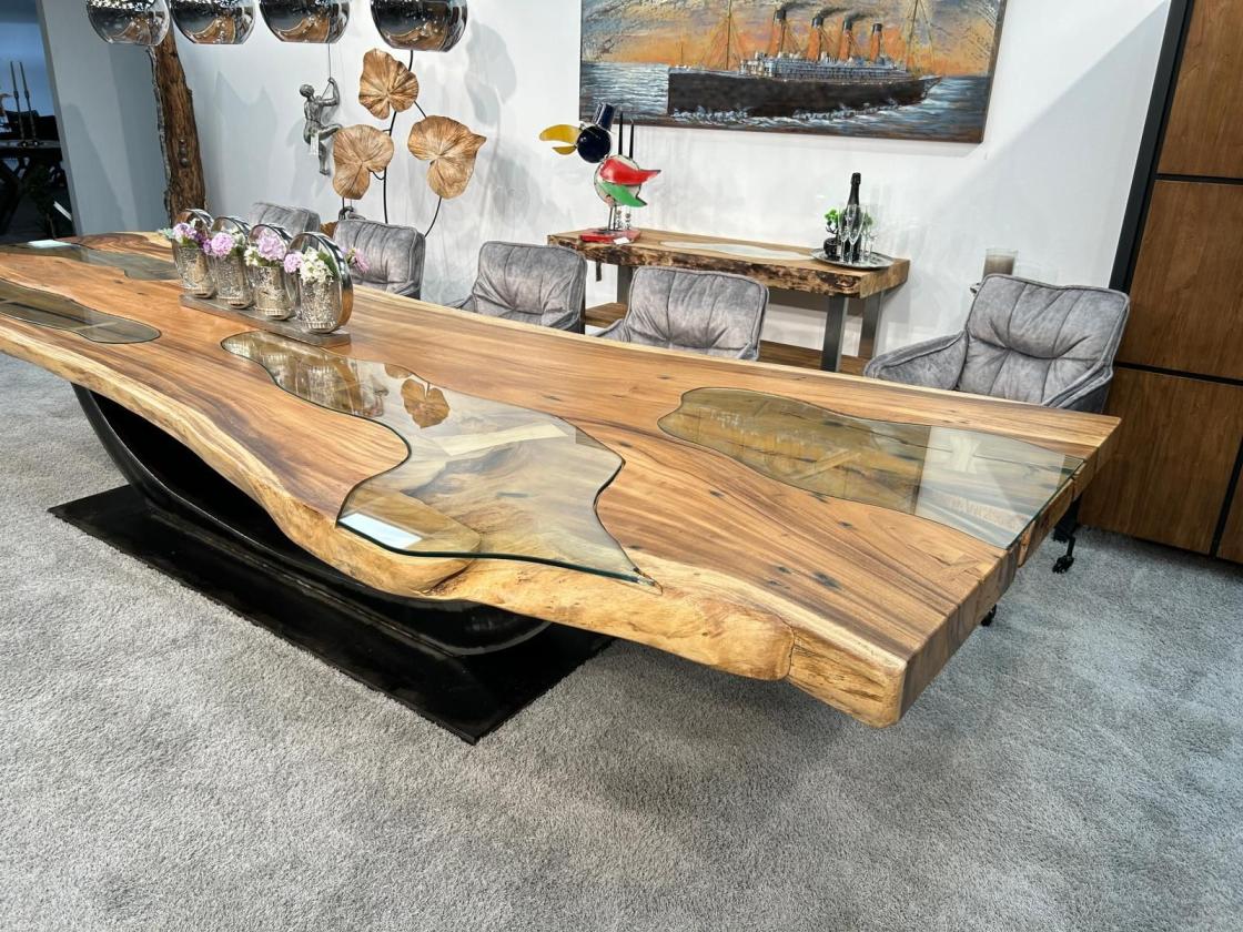 Last Item Large Conference Table / Dining Table approx. 399 x 107-133 x 75 cm made from a solid Suar wood slab