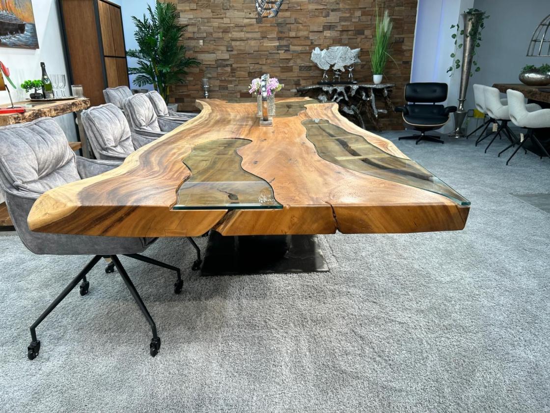 Last Item Large Conference Table / Dining Table approx. 399 x 107-133 x 75 cm made from a solid Suar wood slab
