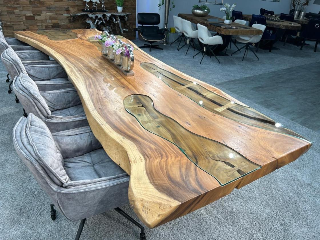 Last Item Large Conference Table / Dining Table approx. 399 x 107-133 x 75 cm made from a solid Suar wood slab