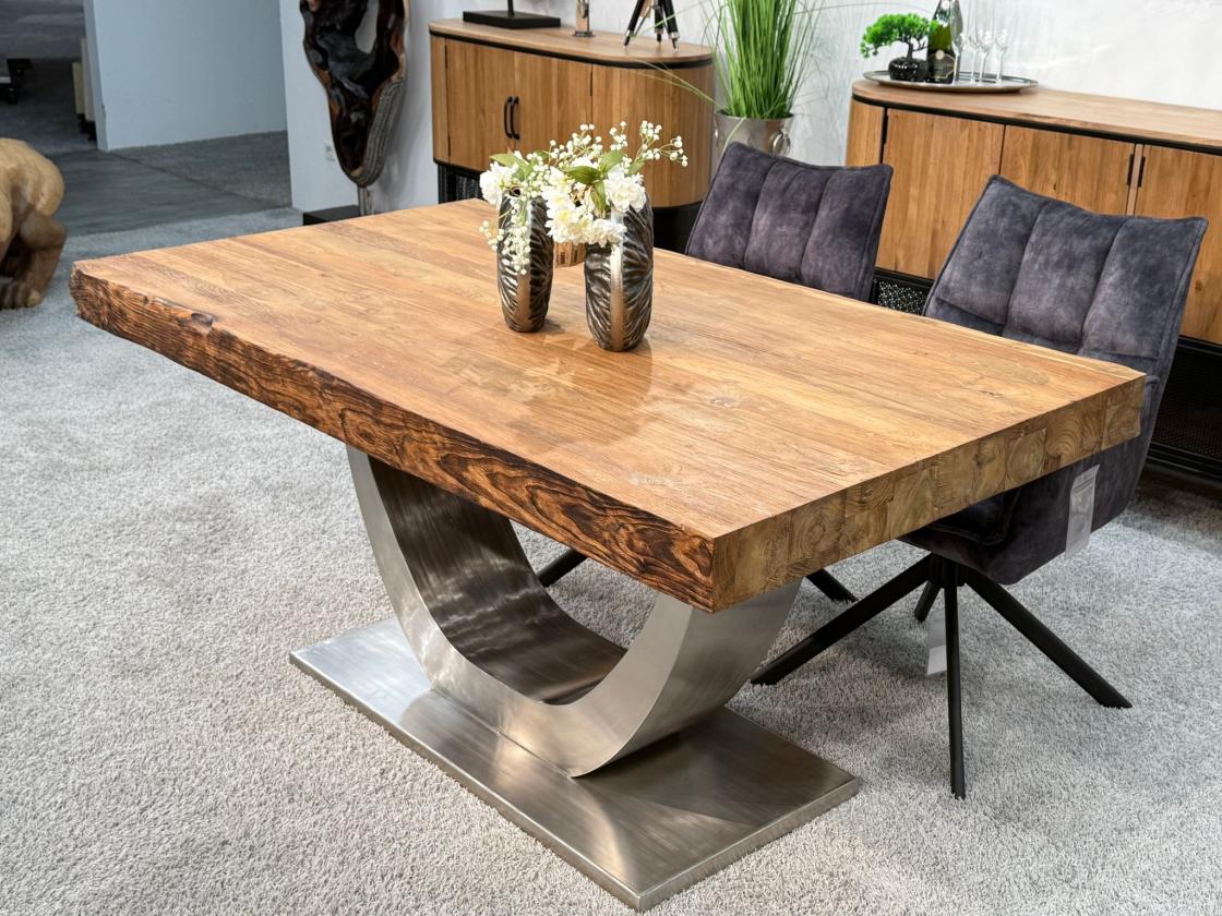 Wood dining table with raw steel frame and glass inlays, 160x90x76.5 cm.