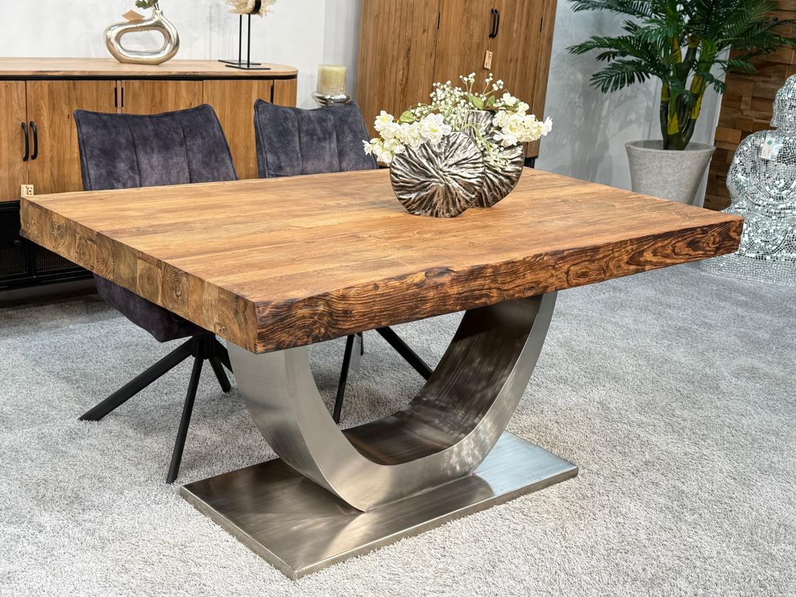 Solid dining table with raw steel frame and glass inlays, 160x90x76.5 cm.