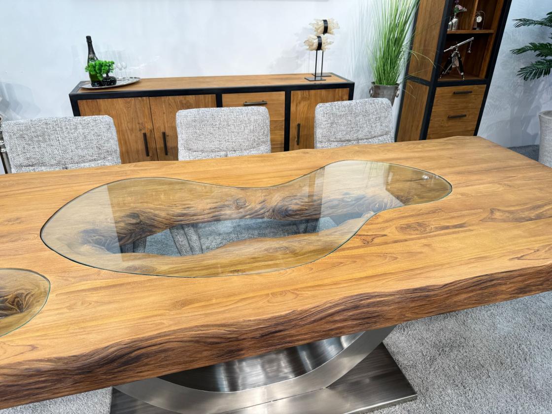 Massiver Teakholztisch mit Halbmond Stahlfuss 250cm