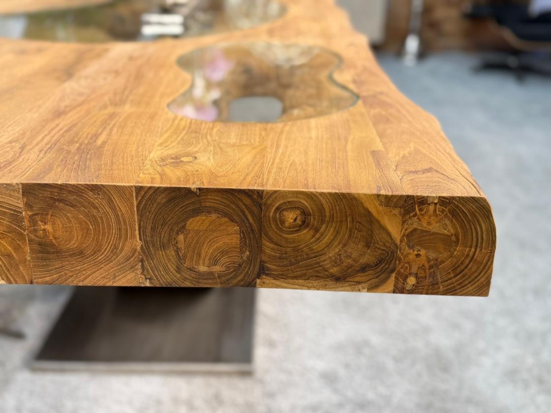 Massiver Teakholztisch mit Halbmond Stahlfuss 250cm