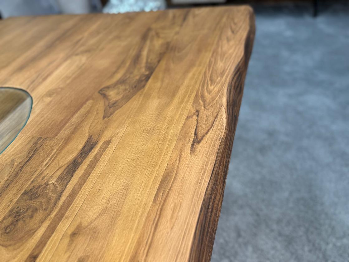 Massiver Teakholztisch mit Halbmond Stahlfuss 250cm