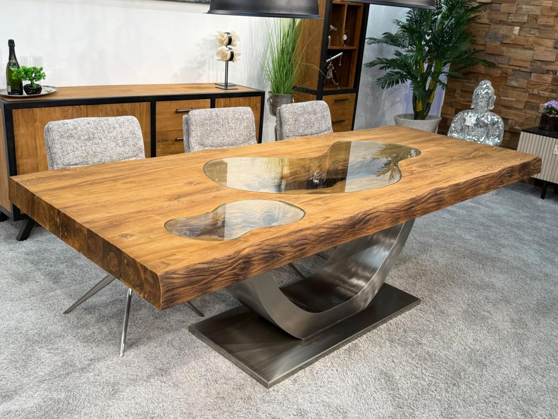 Massiver Teakholztisch mit Halbmond Stahlfuss 250cm