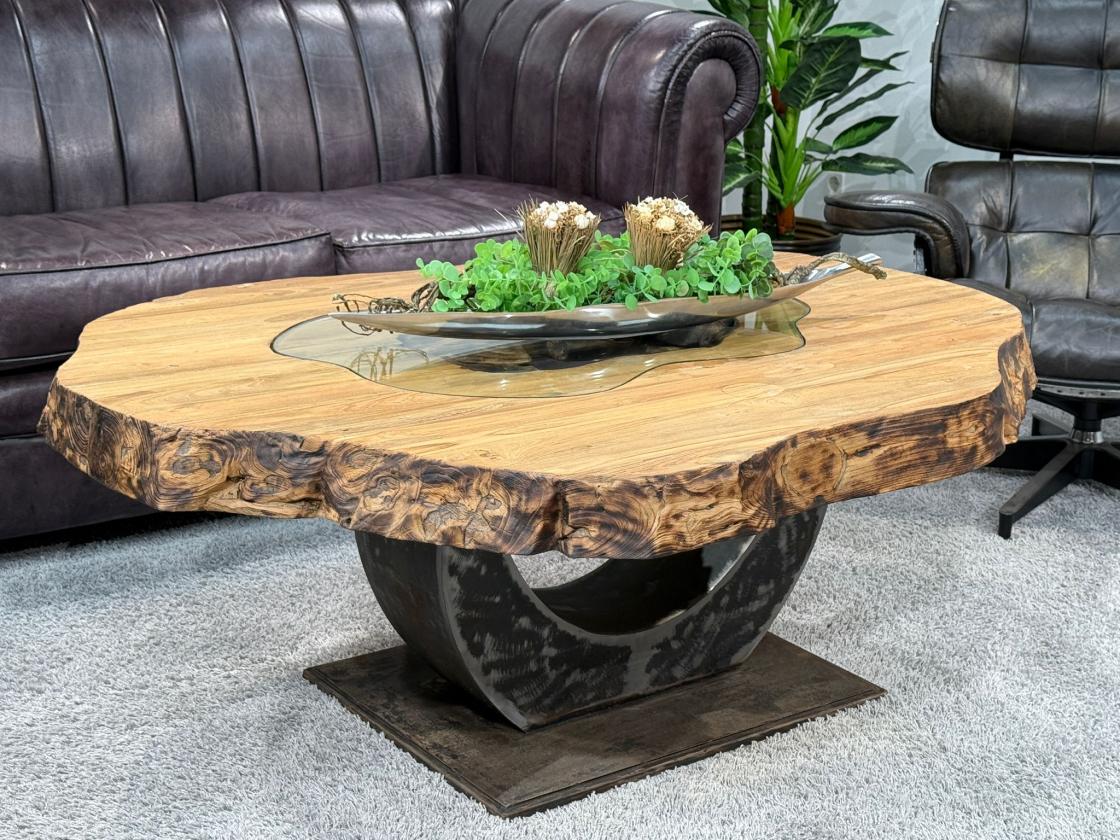 Organisch ovaler Couchtisch Fusion Holz Altholz Stahl rustikal