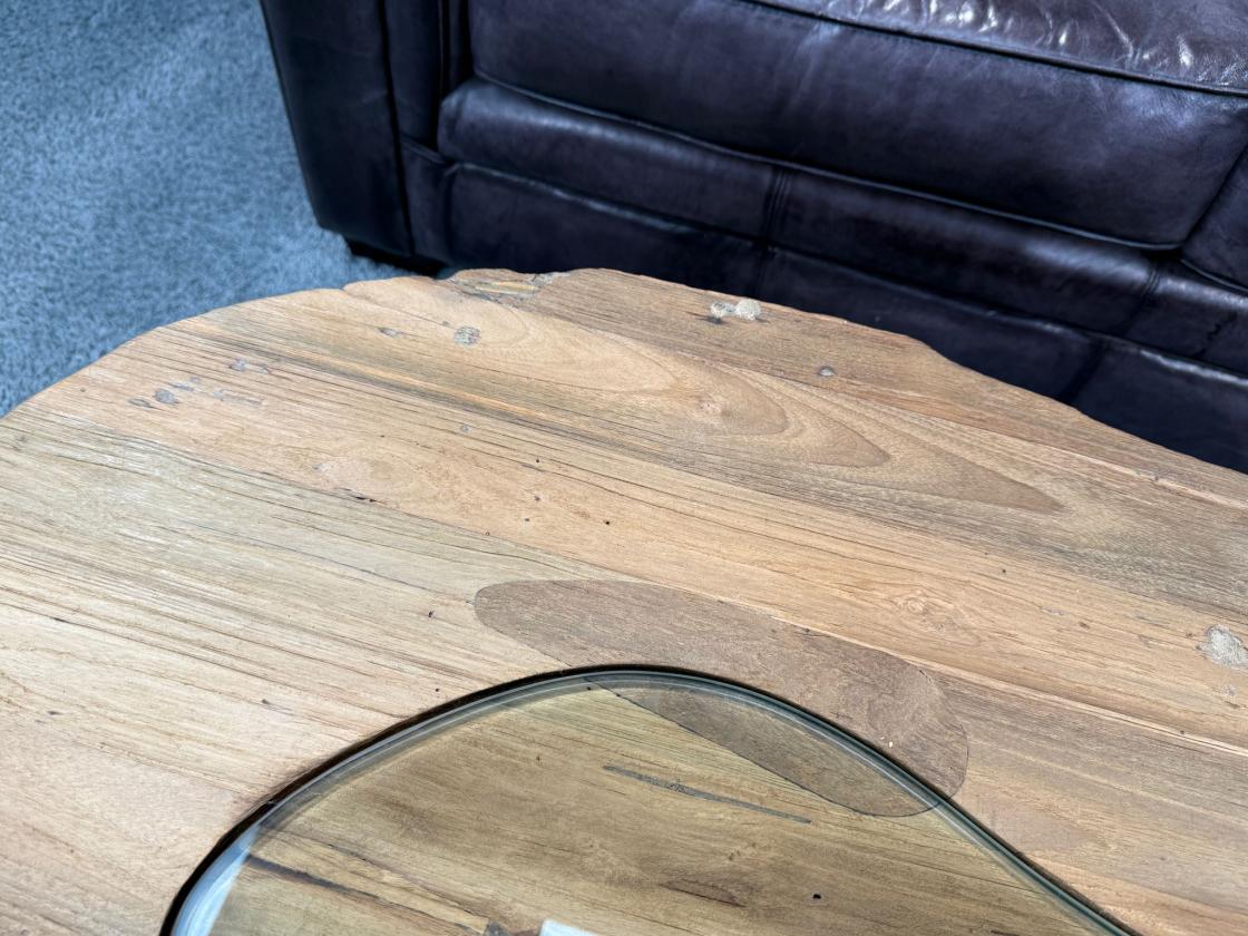 Organisch ovaler Couchtisch Fusion Holz Altholz Stahl rustikal
