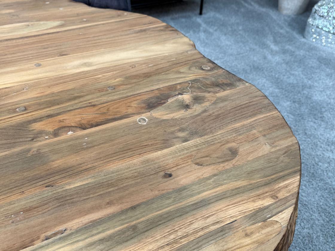 Massiver Holztisch mit Rohstahlgestell, recyceltes Holz, 230x120-130x77 cm