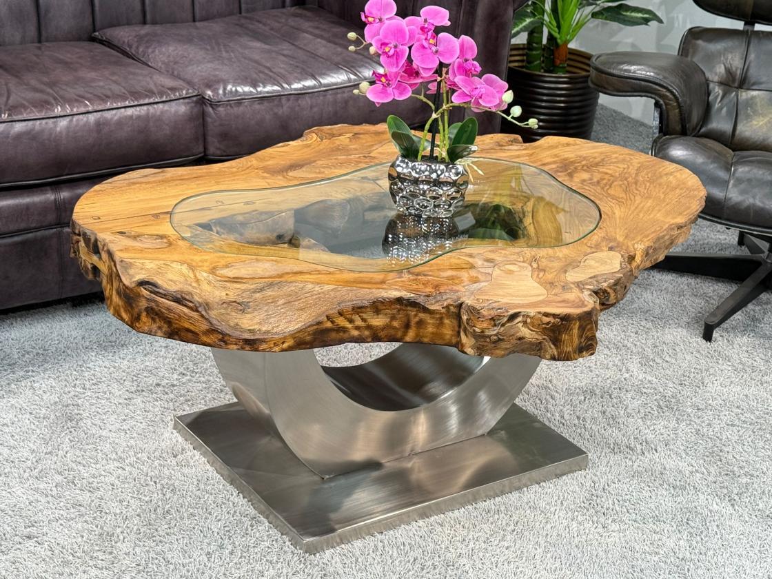 Massivholz Couchtisch Baumstamm Baumscheibe Expression Handarbeit