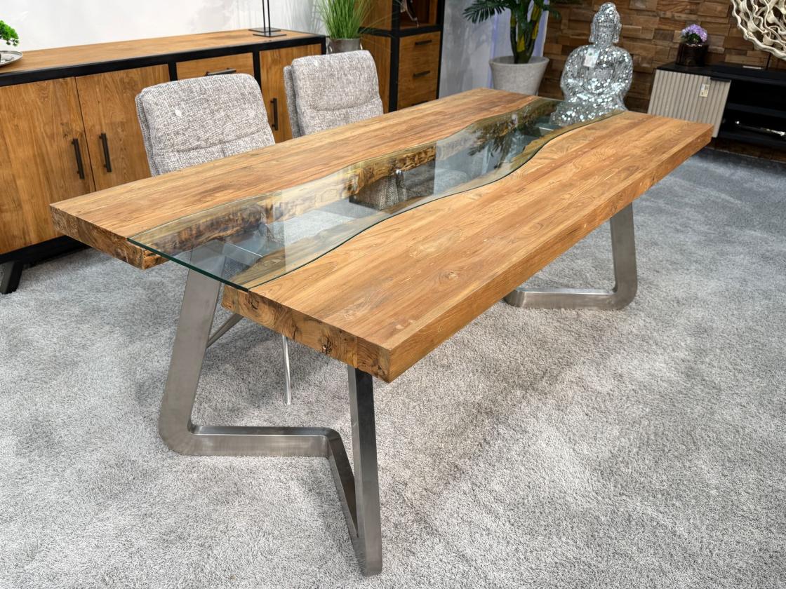 Massivholz Esstisch Elements 200 cm Teakholz mit Glaseinlage