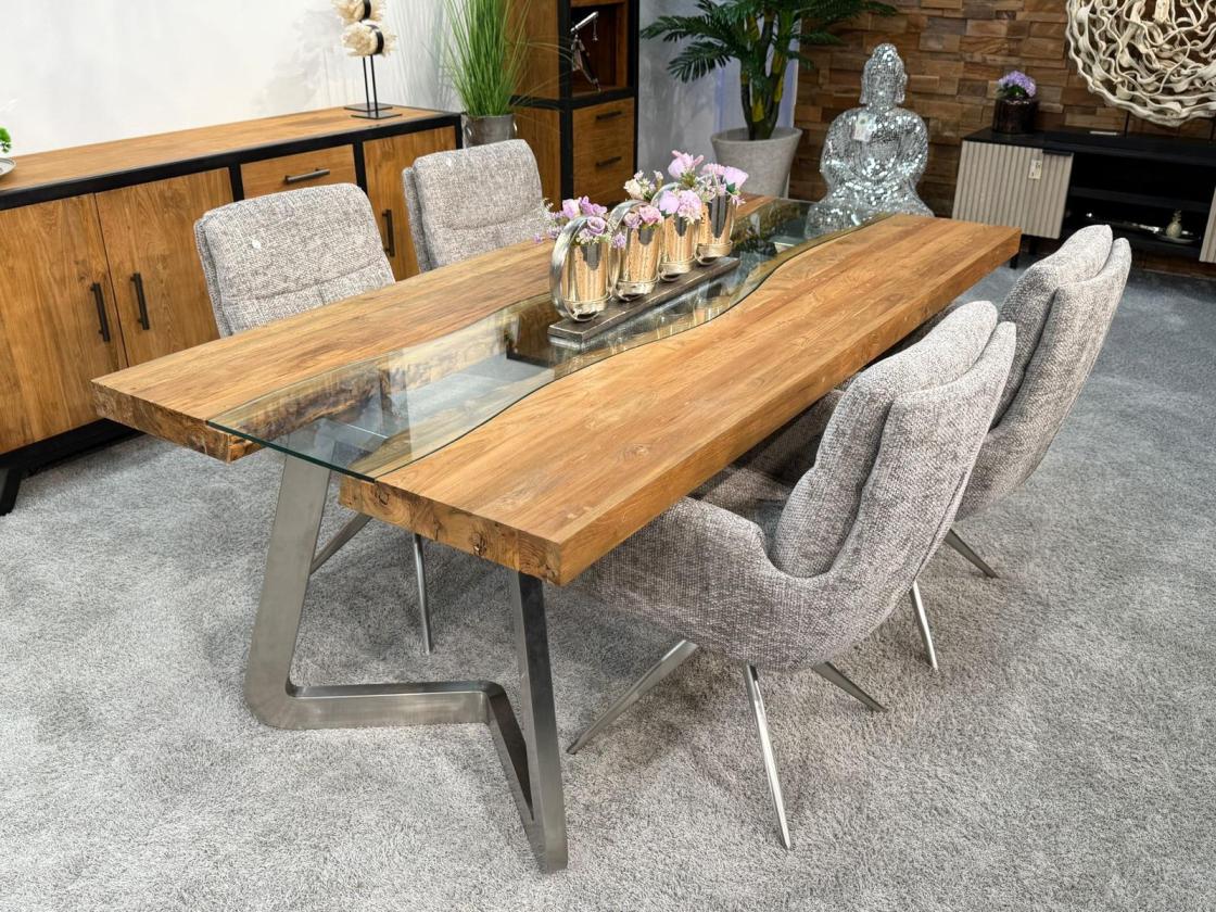 Massivholz Esstisch Elements 200 cm Teakholz mit Glaseinlage