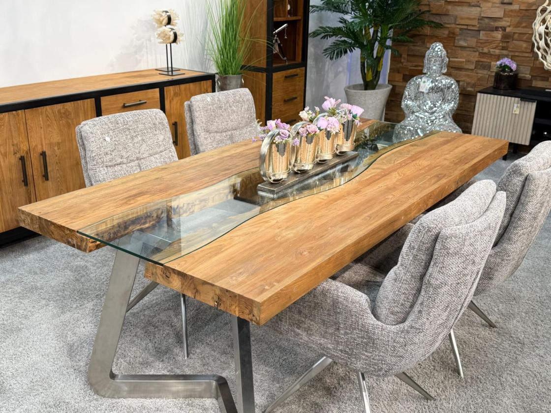 Massivholz Esstisch Elements 200 cm Teakholz mit Glaseinlage