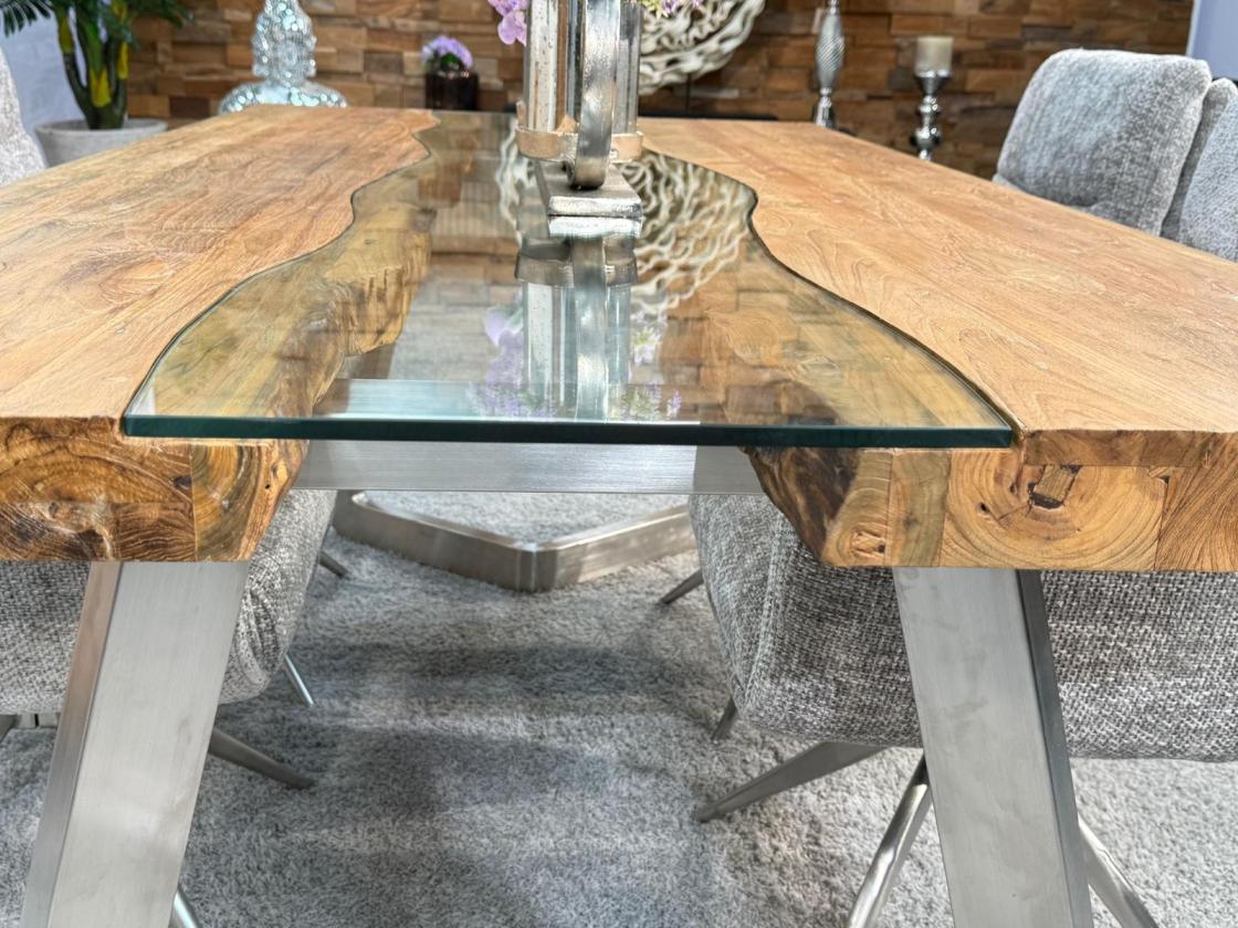 Massivholz Esstisch Elements 200 cm Teakholz mit Glaseinlage