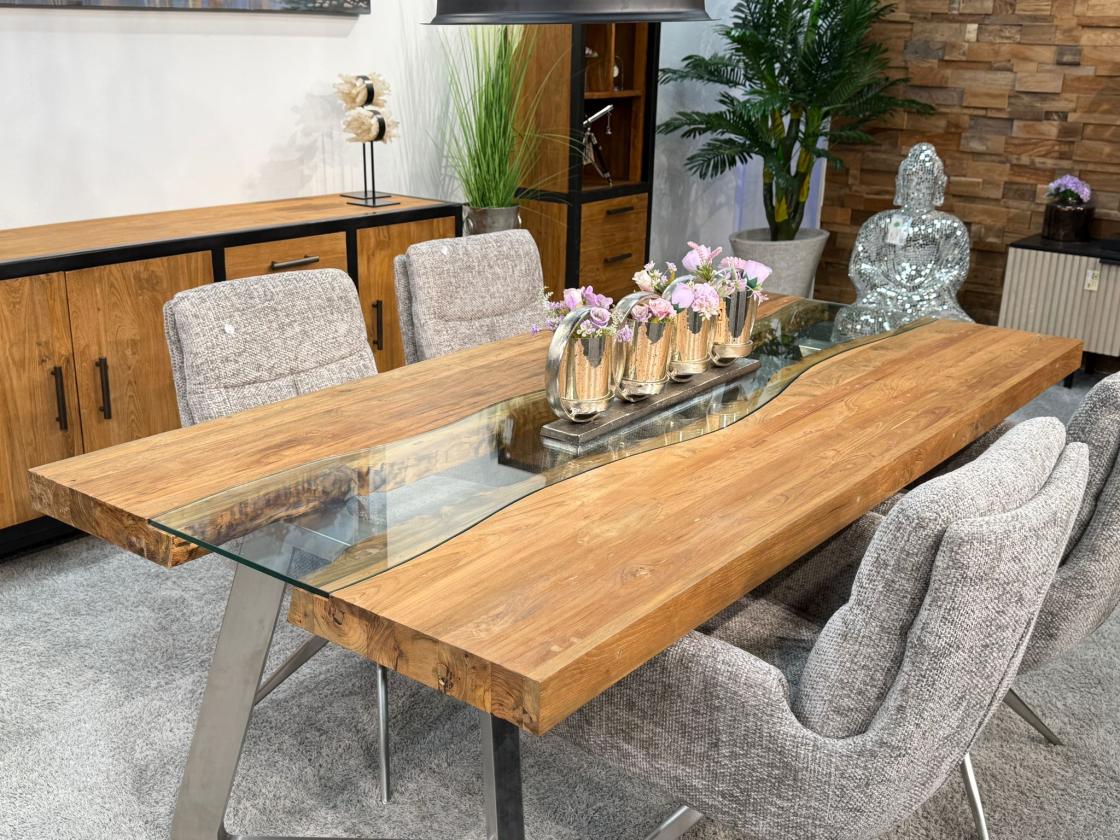 Massivholz Esstisch Elements 200 cm Teakholz mit Glaseinlage