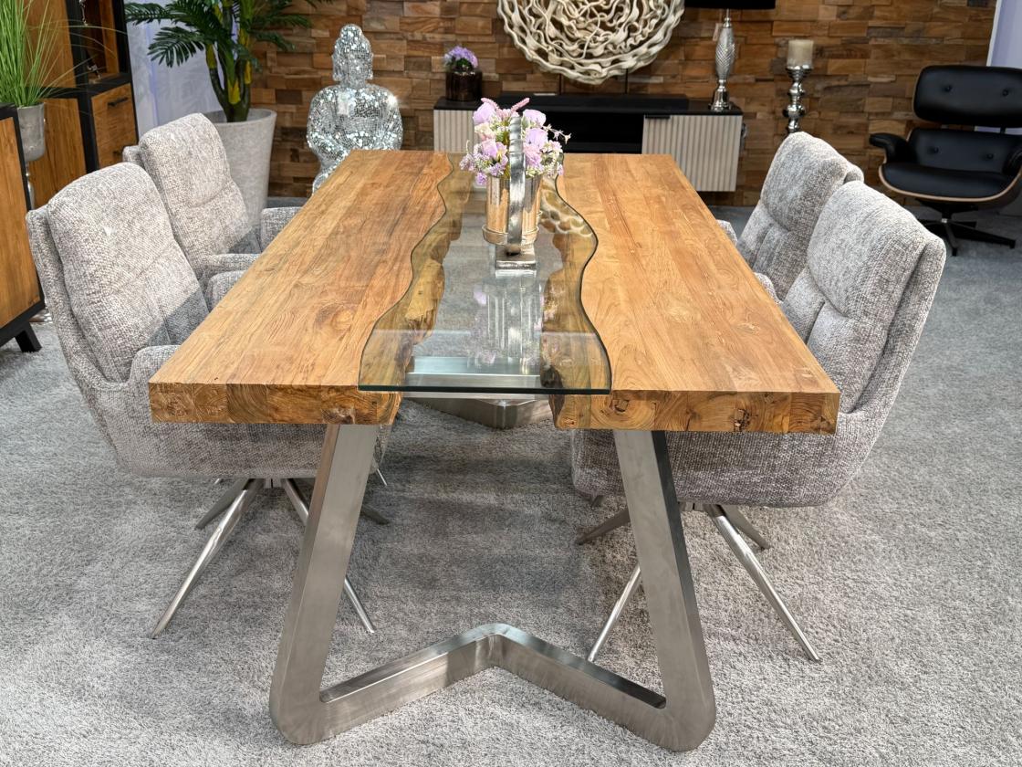 Massivholz Esstisch Elements 200 cm Teakholz mit Glaseinlage