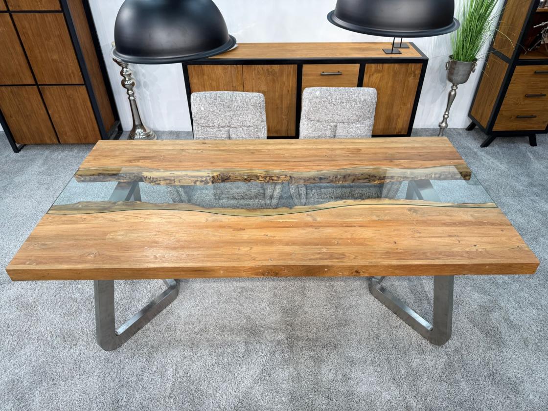 Massivholz Esstisch Elements 200 cm Teakholz mit Glaseinlage