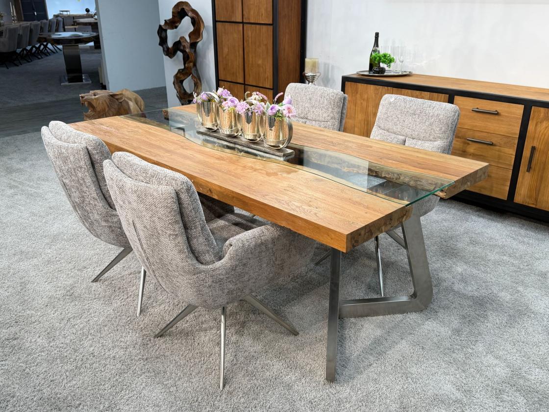 Massivholz Esstisch Elements 200 cm Teakholz mit Glaseinlage