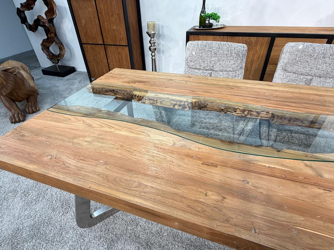 Massivholz Esstisch Elements 200 cm Teakholz mit Glaseinlage