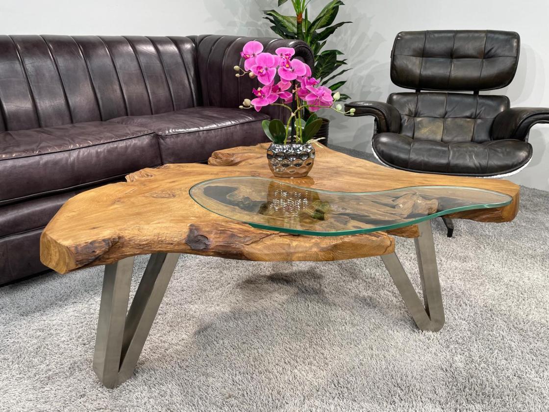 Tree trunk coffee table with glass top, metal legs, approx. 103 x 85 x 44.5 cm