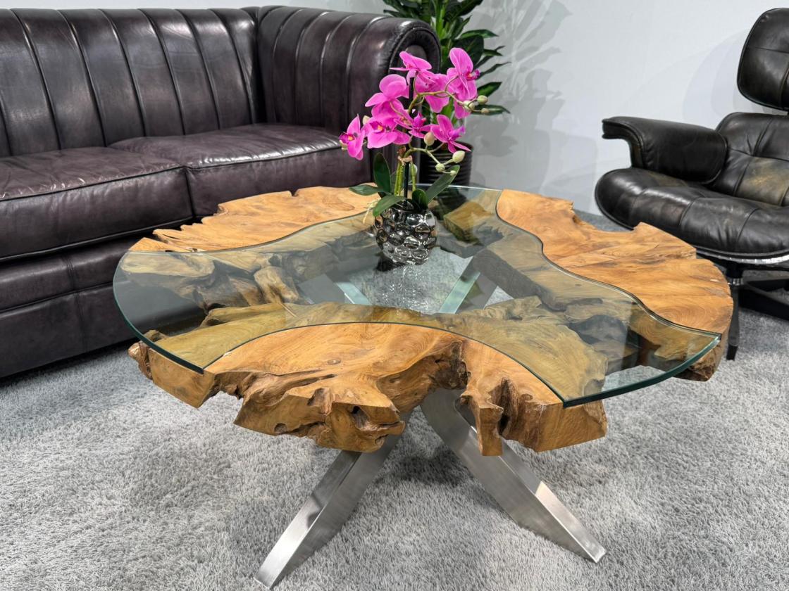Sofatisch "Sunrise" aus Teakholz und Glas rund