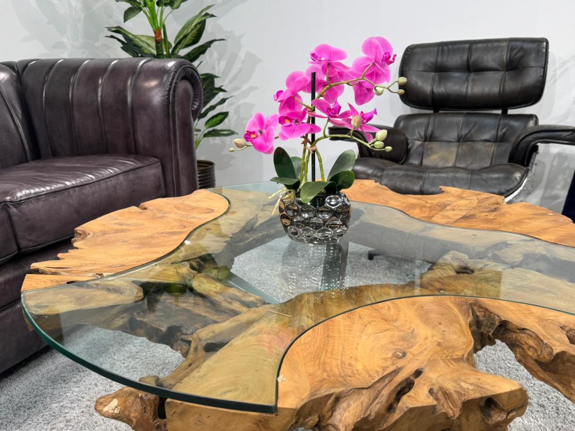 Sofatisch "Sunrise" aus Teakholz und Glas rund