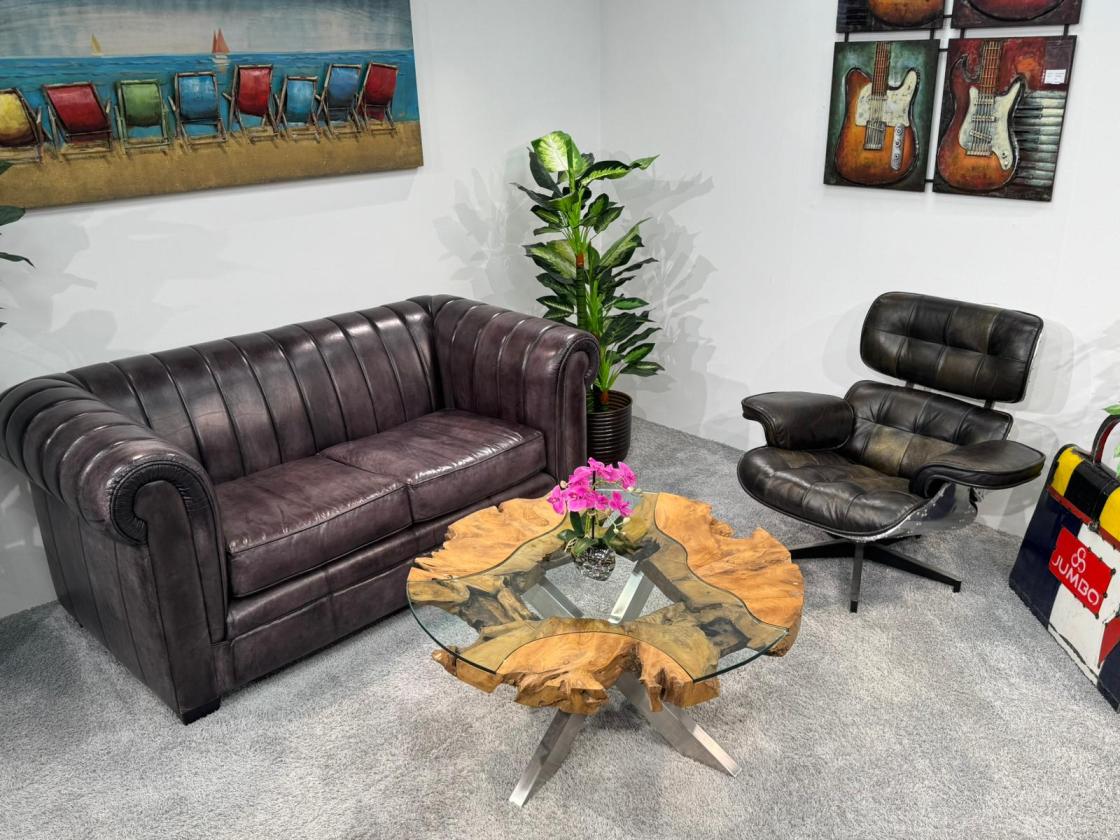 Sofatisch "Sunrise" aus Teakholz und Glas rund