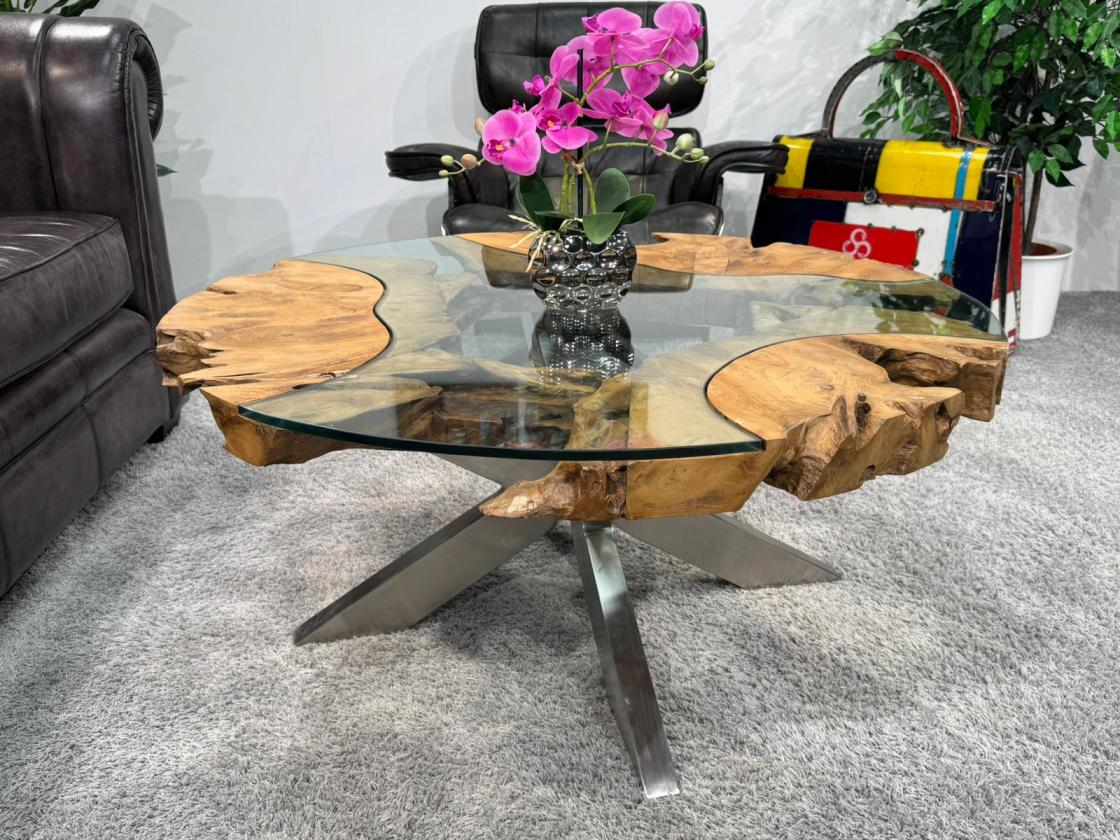 Sofatisch "Sunrise" aus Teakholz und Glas rund