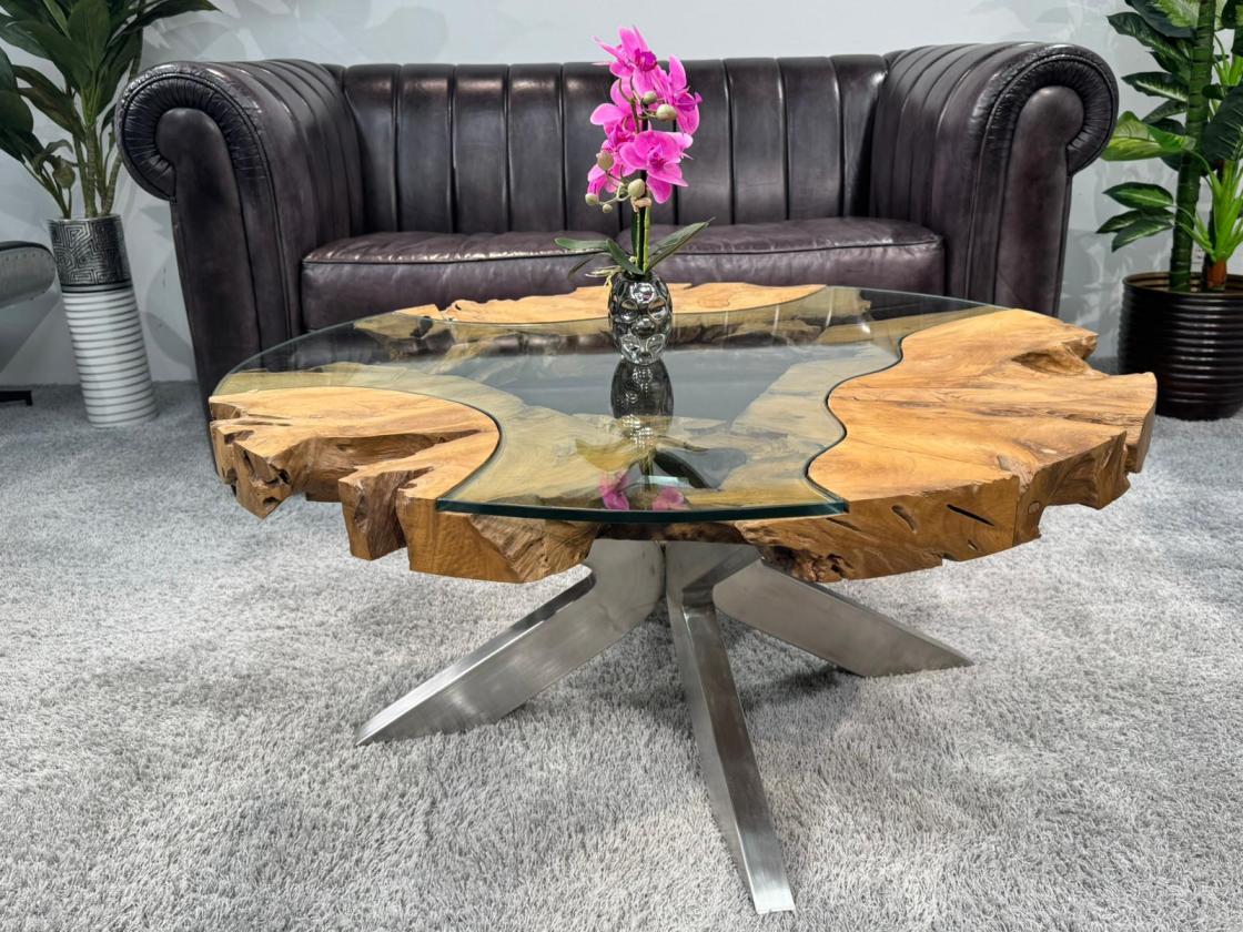 Sofatisch "Sunrise" aus Teakholz und Glas rund