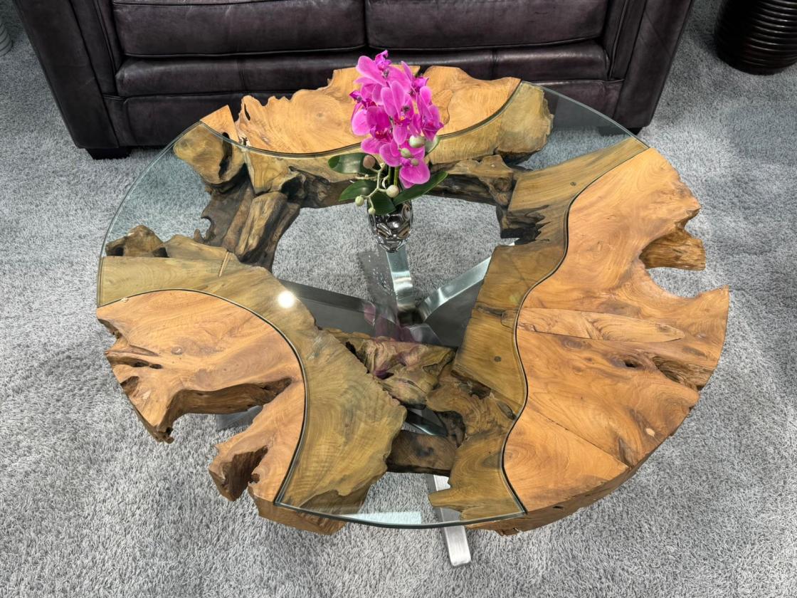 Sofatisch "Sunrise" aus Teakholz und Glas rund