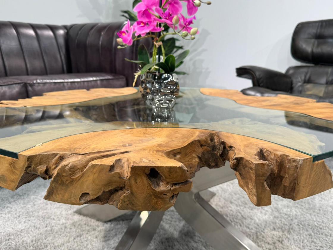 Sofatisch "Sunrise" aus Teakholz und Glas rund