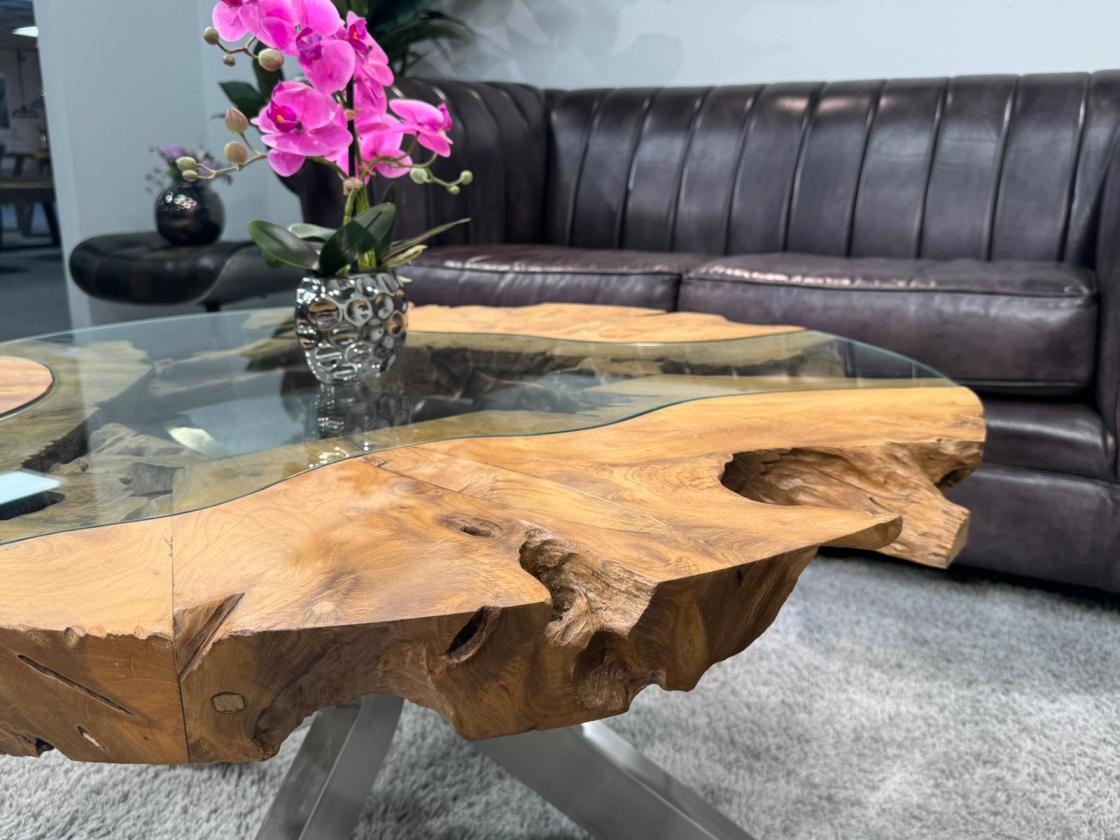 Sofatisch "Sunrise" aus Teakholz und Glas rund