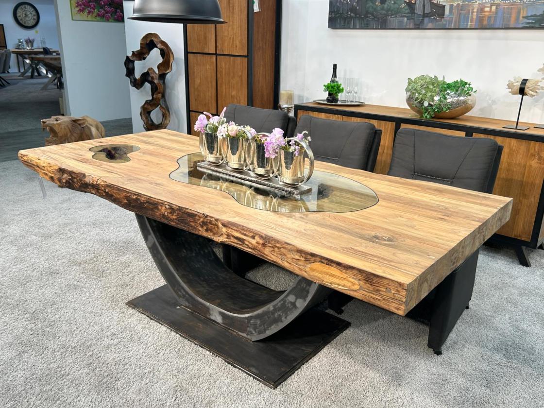 Design Massivholztisch "Deep Island" ca. 219 x 100-103 x 79 cm aus recyceltem Altholz mit Rohstahlgestell und Glaseinlage