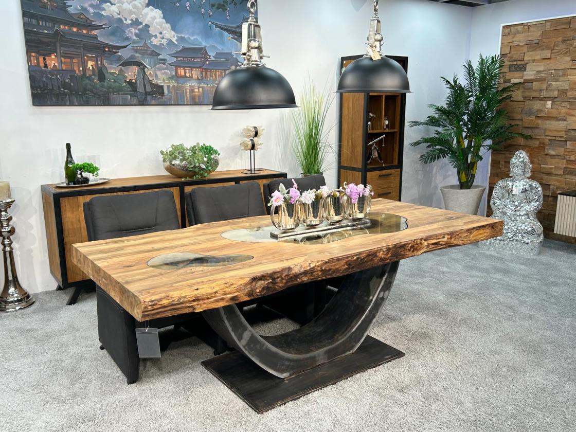 Design Massivholztisch "Deep Island" ca. 219 x 100-103 x 79 cm aus recyceltem Altholz mit Rohstahlgestell und Glaseinlage