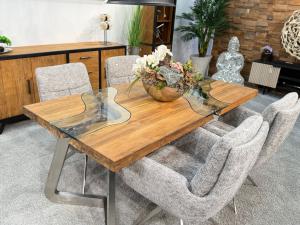 Esstisch "Landscape Freestyle" ca. 180 x 90 x 77 cm aus recyceltem Teakholz mit Edelstahlgestell und Glas