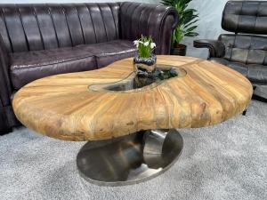 Bonsai coffee table with wooden top and stainless steel base