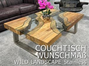 Maßtisch Couchtisch "Wild Landscape Trapez" aus recyceltem Teakholz mit Glaseinlage