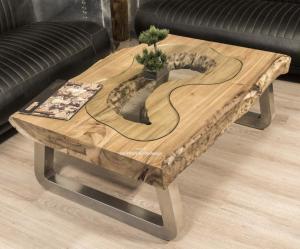 Couchtisch "Maris" Baumscheiben (Suar) 120 x 80 x 40 cm mit Glaseinlage und Edelstahlgestell