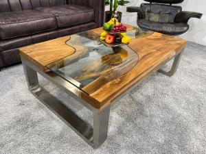 Couchtisch "Natural Landscape" ca. 120 x 80 x 40 cm aus Teakholz mit Glas und Edelstahl